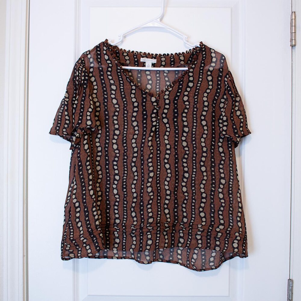 Cato Abstract Earth Tone Pleated Hem Top L Semi Sheer Dot Stripe Woven Blouse